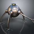 Metallic Spherical Robot Creature With Yellow Light Number 09 And Clawed Mechanical Legs