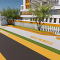 Modern Style School Building With White And Yellow Exterior Courtyard Trees Lawn And Pathway
