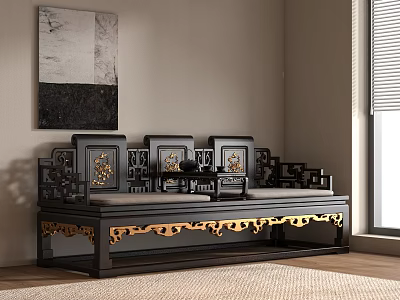 Traditional Wooden Chinese Daybed With Golden Carvings And Wall Painting Near Window On Rug 3d model