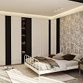 Modern Bedroom Interior With White Metal Bed Floral Wallpaper Dark Curtains And Accent Chair