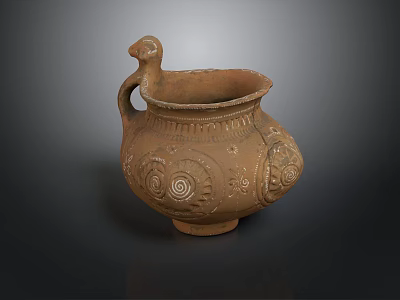 Handcrafted Carved Pottery Jar With Bird Shaped Handle And Intricate Patterns 3d model