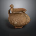 Handcrafted Carved Pottery Jar With Bird Shaped Handle And Intricate Patterns