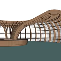 Modern Wooden Curved Roof Structure On Water With Reflection And Blue Sky