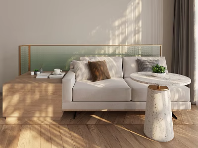 Modern Public Chair With Light Gray Upholstery Wooden Floor Small Table And Natural Sun Shadows 3d model