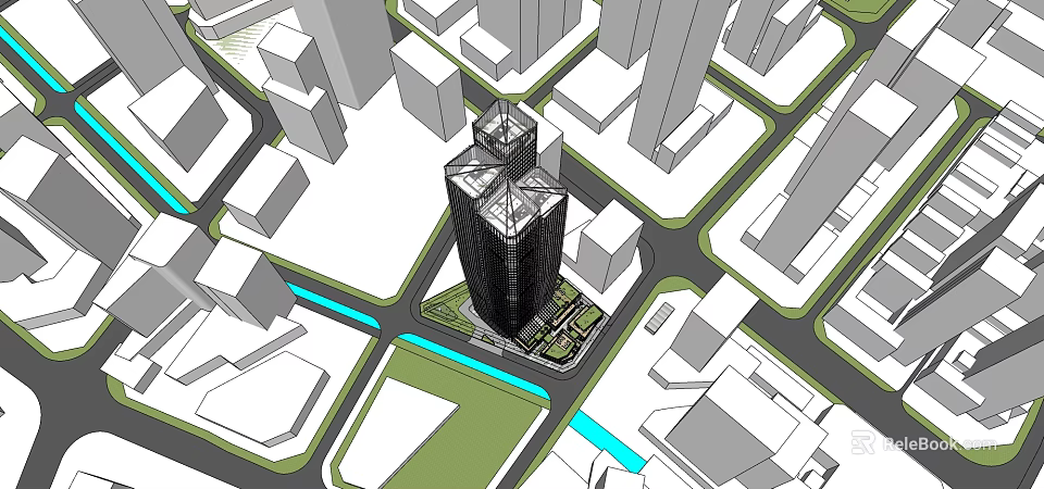 Modern Tall Office Building In Urban Area With Surrounding Buildings Green Spaces And Roads 3d model 