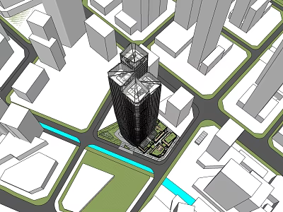 Modern Tall Office Building In Urban Area With Surrounding Buildings Green Spaces And Roads 3d model
