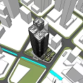 Modern Tall Office Building In Urban Area With Surrounding Buildings Green Spaces And Roads