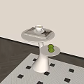 White Two Tiered Coffee Table with Coffee Cup Books and Green Limes on Patterned Rug