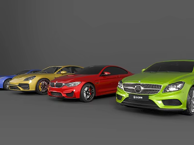 Luxury Sports Cars Lineup Display with Various Colors Including BMW Mercedes Front View Shiny Exterior 3d model