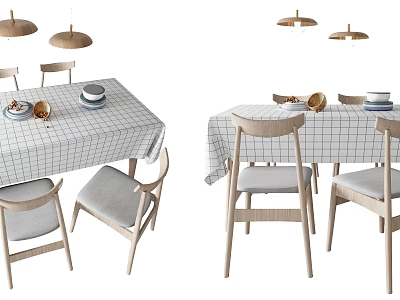 Wooden Dining Table Set with Checkered Tablecloth Chairs and Pendant Lights 3d model