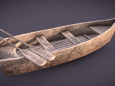 Traditional Handcrafted Wooden Boat With Intricate Carved Patterns And Oars On Board 3d model