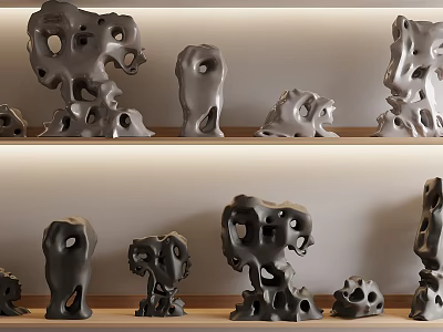 Artistic Rockery Stones With Unique Sculptural Shapes Displayed On Wooden Shelves 3d model