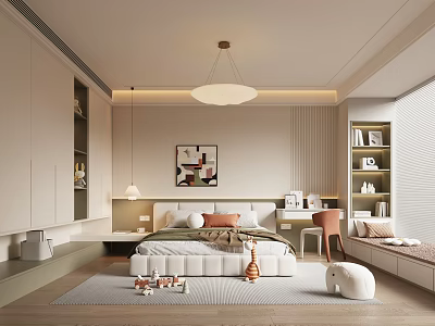 Modern Kids Room Interior Design With Bed Toys Bookshelf And Rug Decorative Painting Pendant Light 3d model