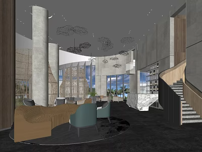 Modern Sales Office Interior With Reception Desk Comfortable Chairs And Large Glass Windows 3d model