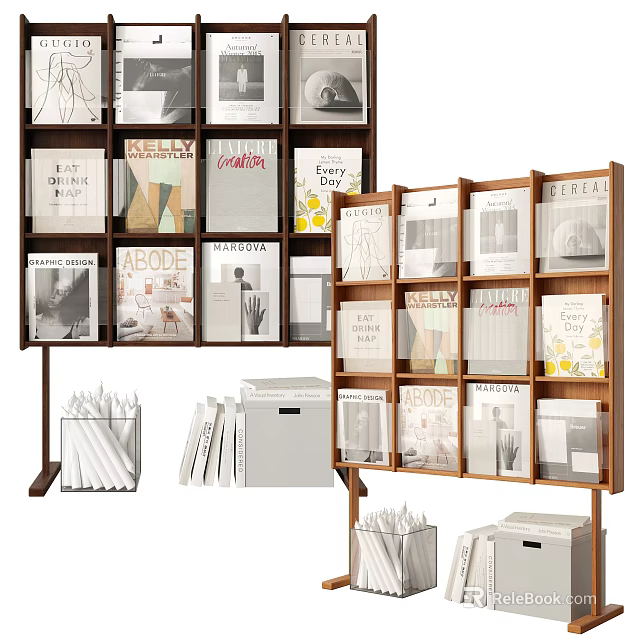 Organized Wooden Bookcase With Multiple Shelves Books Magazines Folders And Stationery 3d model 
