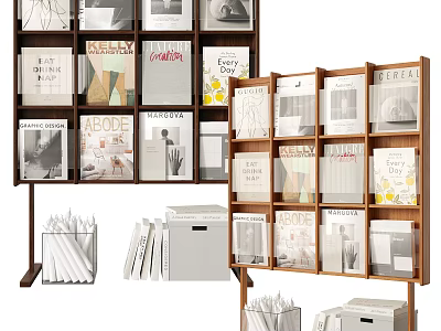 Organized Wooden Bookcase With Multiple Shelves Books Magazines Folders And Stationery 3d model