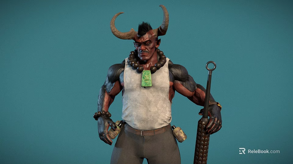 Horned Muscular Warrior In White Tank Top With Green Pendant And Weapon On Blue Background 3d model 