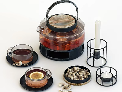 Elegant Tea Set With Transparent Teapot Tea Cups Saucers Lemon Slice Nuts And Candle Holder 3d model
