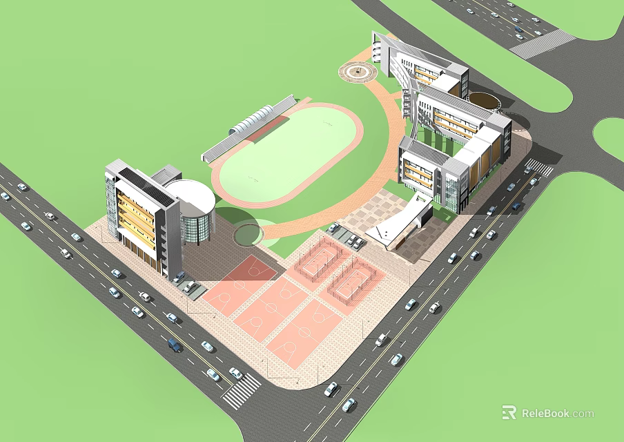Aerial View of Modern School Buildings with Sports Field and Plaza Area 3d model 