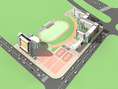 Aerial View of Modern School Buildings with Sports Field and Plaza Area 3d model