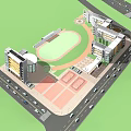 Aerial View of Modern School Buildings with Sports Field and Plaza Area