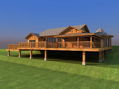 Wooden Single Family House with Large Deck on Green Grassland under Blue Sky 3d model