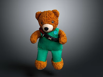 Cute Brown Stuffed Teddy Bear Wearing Green Overalls With Chest Badge 3d model