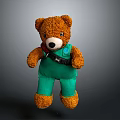 Cute Brown Stuffed Teddy Bear Wearing Green Overalls With Chest Badge