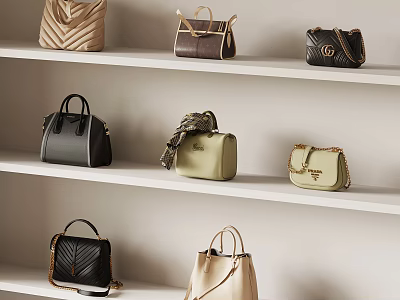 Various Style Fashion Handbags In Different Colors Displayed On White Shelves 3d model