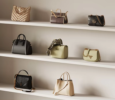 Various Style Fashion Handbags In Different Colors Displayed On White Shelves 3d model