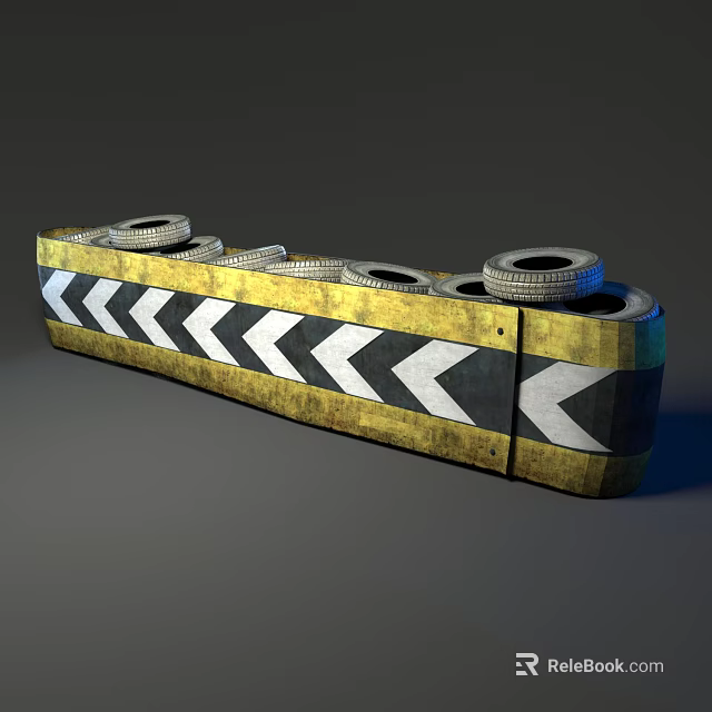 Multiple Tires On Yellow And Black Traffic Barrier Featuring Arrow Design 3d model 
