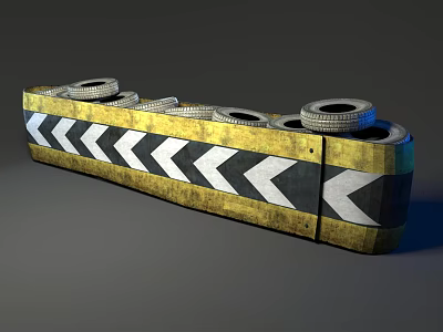 Multiple Tires On Yellow And Black Traffic Barrier Featuring Arrow Design 3d model