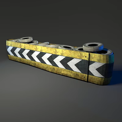 Multiple Tires On Yellow And Black Traffic Barrier Featuring Arrow Design 3d model