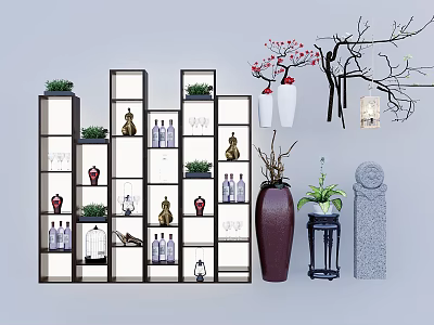 Modern Multi layer Decorative Cabinet With Open Shelves Green Plants And Vases 3d model