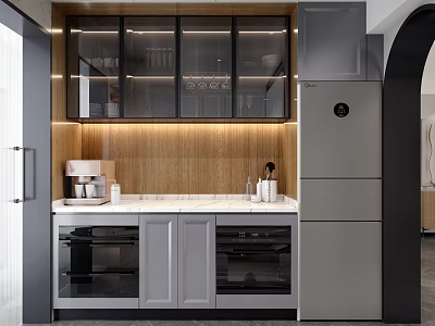 Modern Kitchen With Glass Front Cabinets Wooden Backsplash Built in Ovens And Refrigerator 3d model