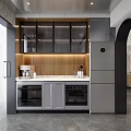 Modern Kitchen With Glass Front Cabinets Wooden Backsplash Built in Ovens And Refrigerator