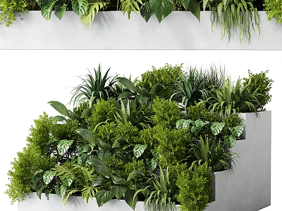 Lush Green Plants In White Tiered And Long Planters With Various Leaf Shapes 3d model