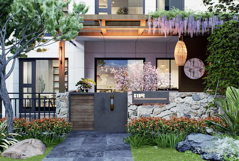 Courtyard Garden Entrance Design With Stone Wall Green Plants Wooden Door And Hanging Lantern 3d model 