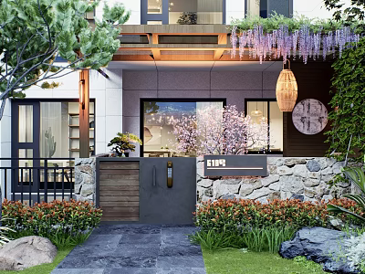 Courtyard Garden Entrance Design With Stone Wall Green Plants Wooden Door And Hanging Lantern 3d model