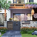 Courtyard Garden Entrance Design With Stone Wall Green Plants Wooden Door And Hanging Lantern