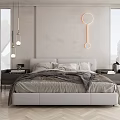 Modern Double Bed Bedroom Interior With Gray Bedding Bedside Tables And Wooden Floor