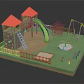 Cartoon Playground Scene With Red Roofs Green Slide Swings Climbing Wall Sandpit Fence And Bench
