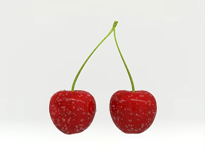 Two Fresh Red Cherries With Green Stems Ripe Juicy And Sweet 3d model