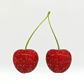 Two Fresh Red Cherries With Green Stems Ripe Juicy And Sweet
