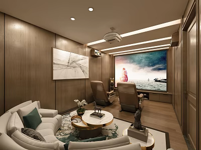 Modern Home Theater Room With Wooden Walls Comfortable Sofas And Large Screen TV 3d model