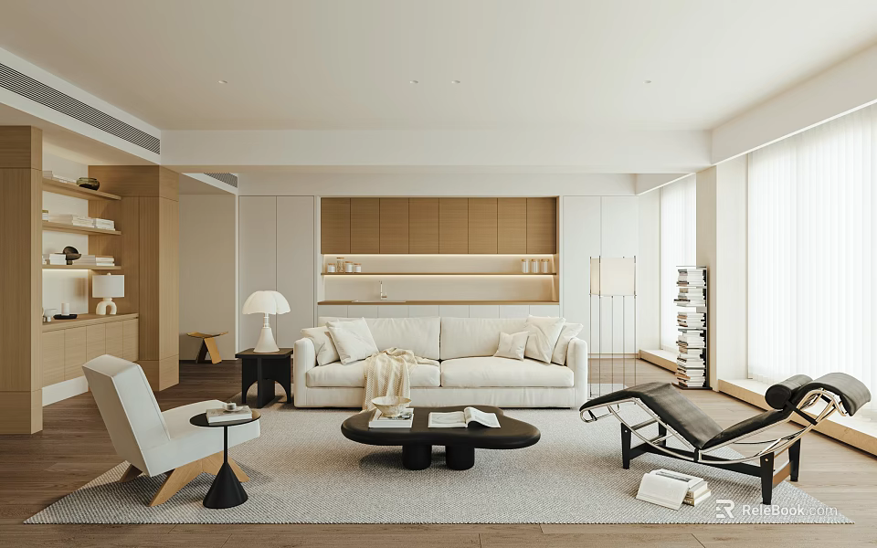 Modern Bright Living Room Interior With Cream Sofa White Chair And Wooden Cabinets 3d model 