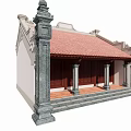 Traditional Ancient Architecture With Red Tile Roof Stone Pillars And Wooden Doors