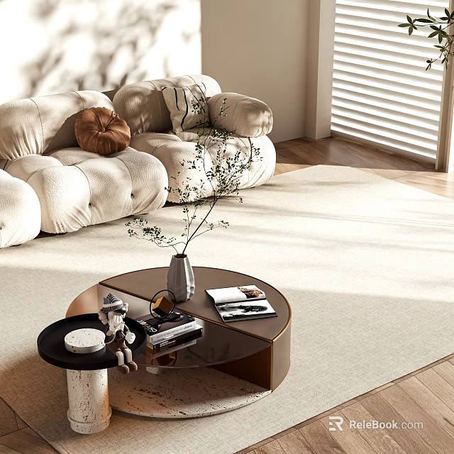 Modern Curved Coffee Table With Vase Plant Magazines And Beige Sofa In Sunlit Living Room 3d model 