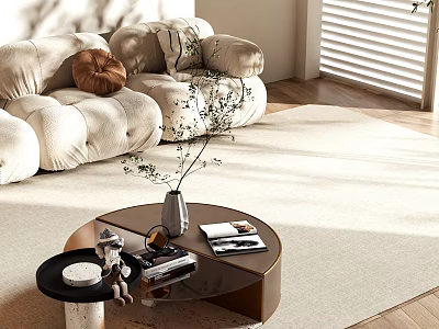 Modern Curved Coffee Table With Vase Plant Magazines And Beige Sofa In Sunlit Living Room 3d model