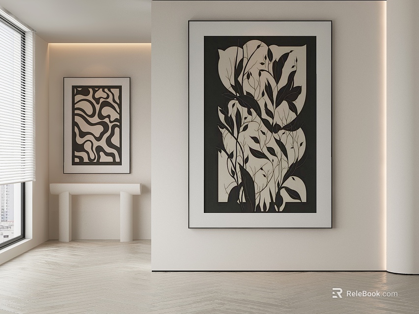 Modern Abstract Painting With Black And White Leaf Patterns In Interior Wall Decor 3d model 